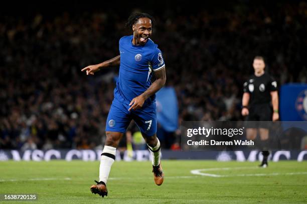 Raheem Sterling of Chelsea celebrates after scoring the team's second goal during the Premier League match between Chelsea FC and Luton Town at...