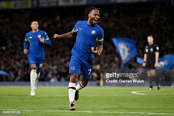 Raheem Sterling of Chelsea celebrates after scoring the team's second goal during the Premier League match between Chelsea FC and Luton Town at...