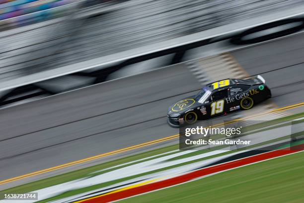 Trevor Bayne, driver of the He Gets Us Toyota, drives during qualifying for the NASCAR Cup Series Coke Zero Sugar 400 at Daytona International...