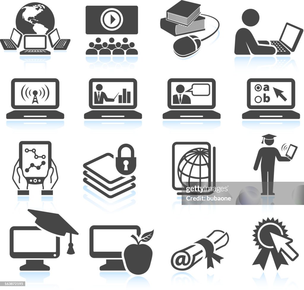 Online education black & white royalty free vector icon set