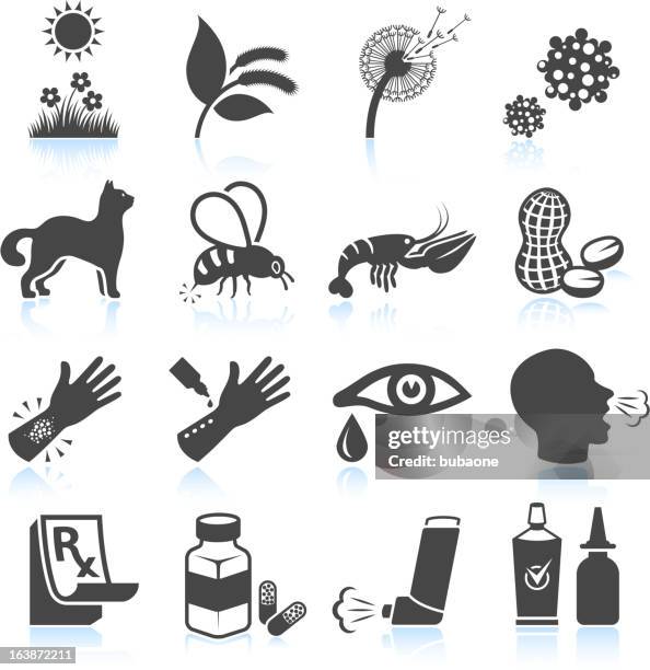 illustrazioni stock, clip art, cartoni animati e icone di tendenza di polline natura e allergie alimentari & set di icone di bianco e nero - allergia