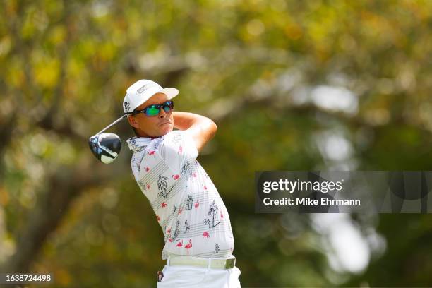 Rickie Fowler of the United States plays his shot from the fifth tee during the second round of the TOUR Championship at East Lake Golf Club on...