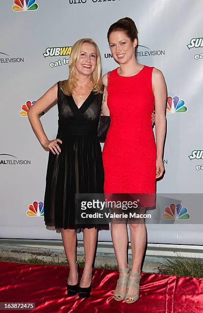Angela Kinsey and Ellie Kemper arrive at 'The Office' series finale wrap party at Unici Casa Gallery on March 16, 2013 in Culver City, California.
