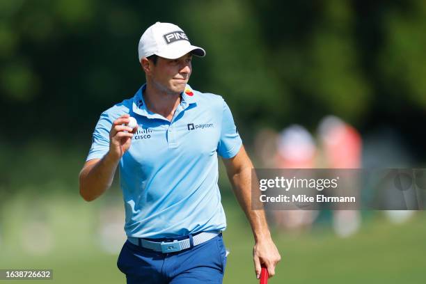 Viktor Hovland of Norway reacts on the 12th green during the second round of the TOUR Championship at East Lake Golf Club on August 25, 2023 in...