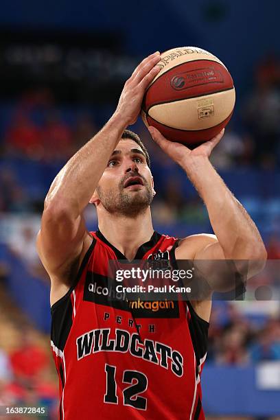 Kevin Lisch of the Wildcats shoots a free throw during the round 23 NBL match between the Perth Wildcats and the Cairns Taipans at Perth Arena on...