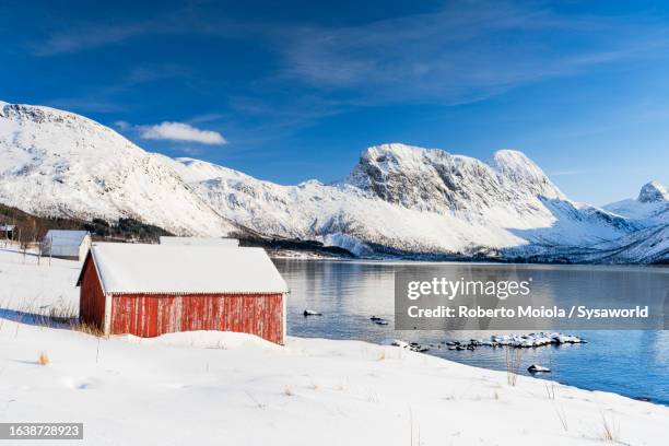 traditional rorbu covered with snow in winter - tromsö stock-fotos und bilder