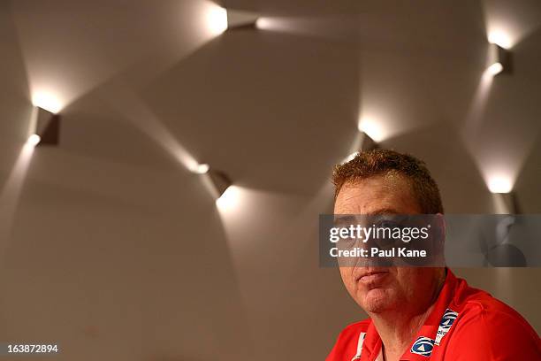 Wildcats coach Rob Beveridge addresses the media after winning the round 23 NBL match between the Perth Wildcats and the Cairns Taipans at Perth...