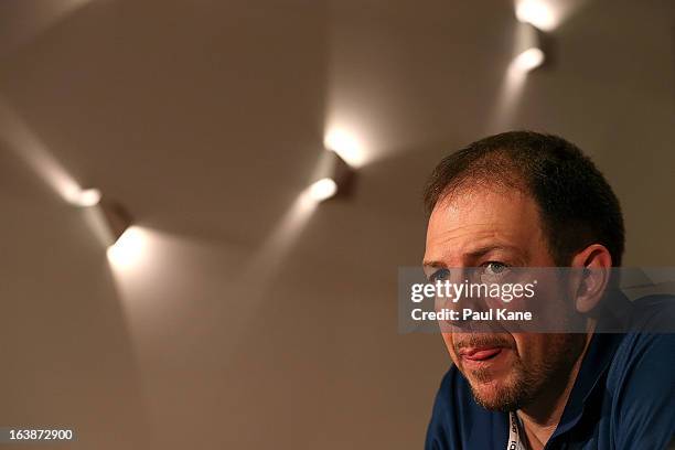 Taipans coach Aaron Fearne addresses the media after being defeated in the round 23 NBL match between the Perth Wildcats and the Cairns Taipans at...