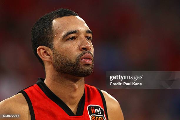 Everard Bartlett of the Wildcats looks on during the round 23 NBL match between the Perth Wildcats and the Cairns Taipans at Perth Arena on March 17,...