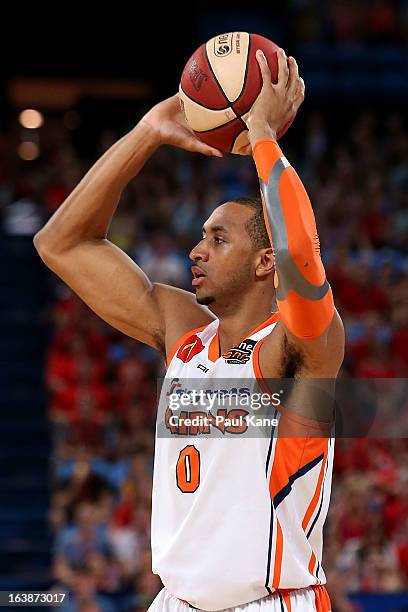 Shane Edwards of the Taipans looks to pass the ball during the round 23 NBL match between the Perth Wildcats and the Cairns Taipans at Perth Arena on...