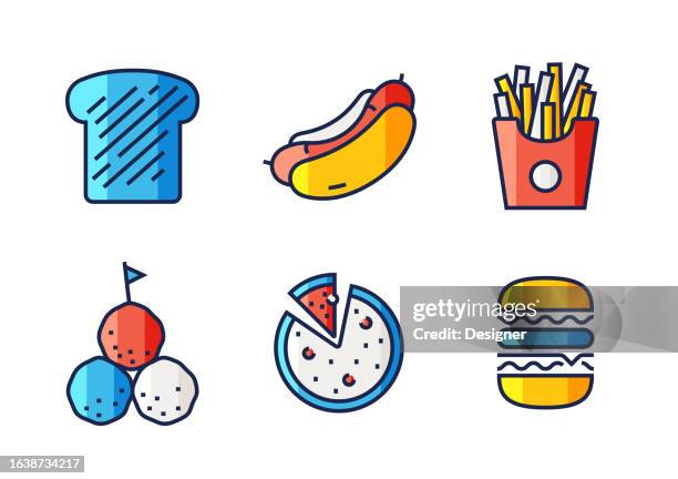 fast food related vector thin line icons. outline symbol collection - deep fried stock illustrations