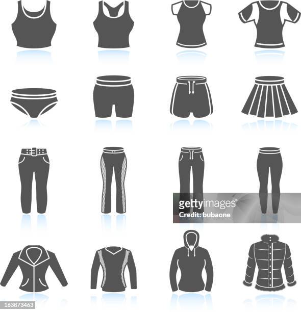 illustrazioni stock, clip art, cartoni animati e icone di tendenza di donna sport abbigliamento e outfit & set di icone di bianco e nero - giacca