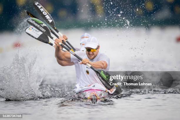 Max Rennschmidt, Max Lemke, Jacob Schopf and Tom Liebscher-Lucz of Germany compete in the K4 Men's 500 final race during day 3 of the 2023 ICF Canoe...