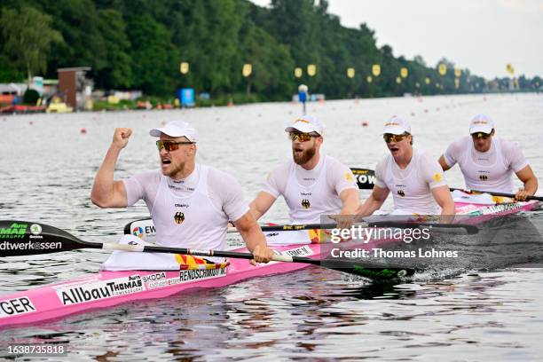 Max Rennschmidt, Max Lemke, Jacob Schopf and Tom Liebscher-Lucz of Germany celebrate after winning the K4 Men's 500 final race during day 3 of the...