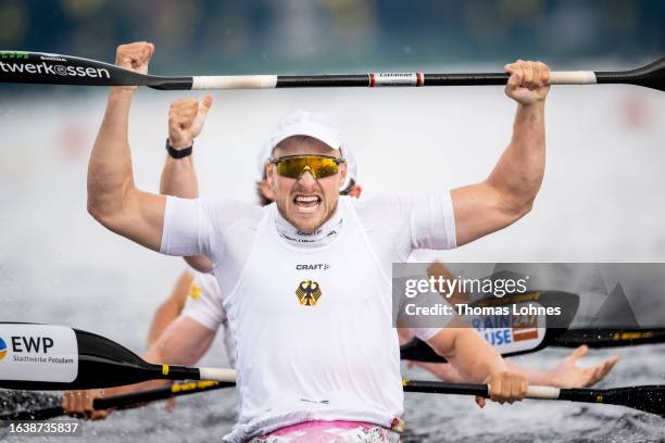 Max Rennschmidt, Max Lemke, Jacob Schopf and Tom Liebscher-Lucz of Germany celebrate after winning the K4 Men's 500 final race during day 3 of the...