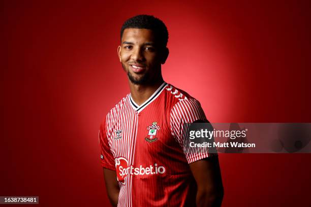 Southampton new signing Mason Holgate, on loan from Everton, poses at the Staplewood Campus on August 25, 2023 in Southampton, England.