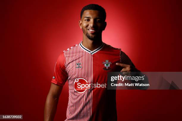 Southampton new signing Mason Holgate, on loan from Everton, poses at the Staplewood Campus on August 25, 2023 in Southampton, England.