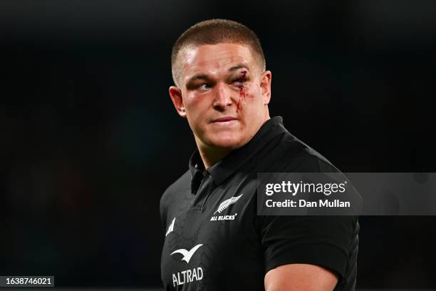 Ethan de Groot of New Zealand looks dejected following the team's defeat following the Summer International match between New Zealand All Blacks v...