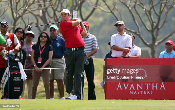 Thomas Aiken of South Africa tees off on hole 2 during day four of the Avantha Masters at Jaypee Greens Golf Club on March 17, 2013 in Delhi, India.