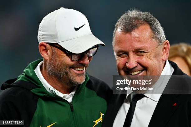 Jacques Nienaber, Head Coach of South Africa, and Ian Foster, Head Coach of New Zealand, speak at full-time following the Summer International match...