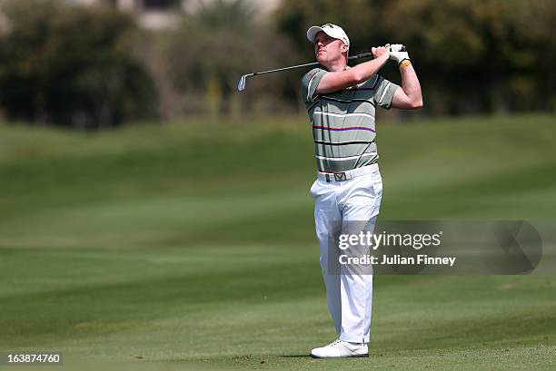 David Horsey of England in action during day four of the Avantha Masters at Jaypee Greens Golf Club on March 17, 2013 in Delhi, India.