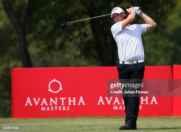 Kristoffer Broberg of Sweden tees off on hole 5 during day four of the Avantha Masters at Jaypee Greens Golf Club on March 17, 2013 in Delhi, India.