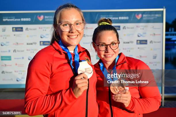 Lisa Jahn and Hedi Kliemke of Germany react with their bronze medals after the medal ceremony of the C2 Women's 200 Meter during day 3 of the 2023...