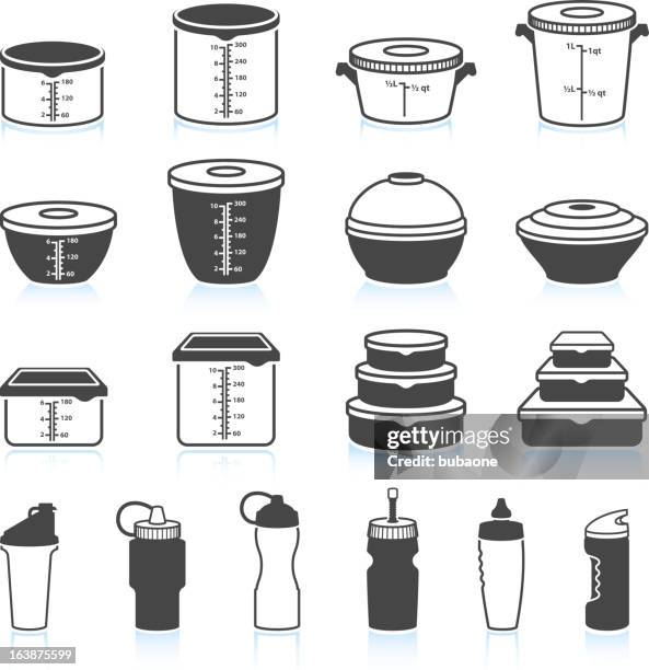 ilustraciones, imágenes clip art, dibujos animados e iconos de stock de recipientes para alimentos y líquidos negro & conjunto de iconos de vector blanco - nevera de playa