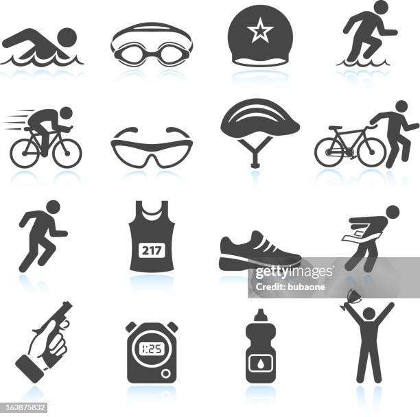 ilustraciones, imágenes clip art, dibujos animados e iconos de stock de triatlón acontecimiento deportivo vector conjunto de iconos de hombre de hierro - ironman triathlon