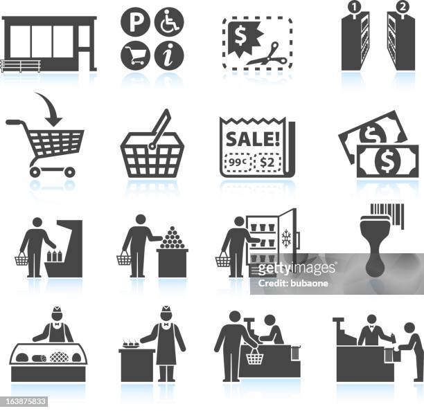 supermarket experience and grocery shopping royalty free vector icon set - woman supermarket stock illustrations