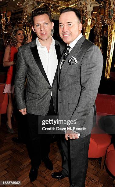 Nick Candy and David Furnish attend a drinks reception celebrating Patrick Cox's 50th Birthday party at Cafe Royal on March 15, 2013 in London,...