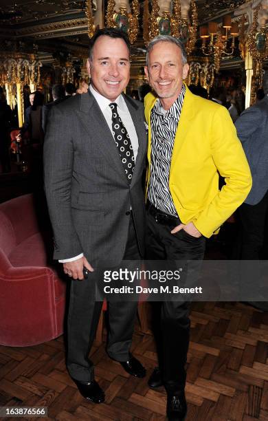 David Furnish and Patrick Cox attend a drinks reception celebrating Patrick Cox's 50th Birthday party at Cafe Royal on March 15, 2013 in London,...
