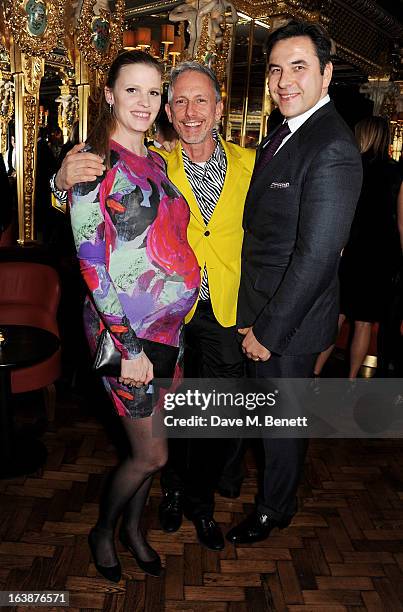 Lara Stone, Patrick Cox and David Walliams attend a drinks reception celebrating Patrick Cox's 50th Birthday party at Cafe Royal on March 15, 2013 in...