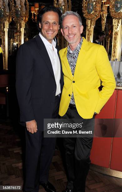 Arun Nayar and Patrick Cox attend a drinks reception celebrating Patrick Cox's 50th Birthday party at Cafe Royal on March 15, 2013 in London, England.