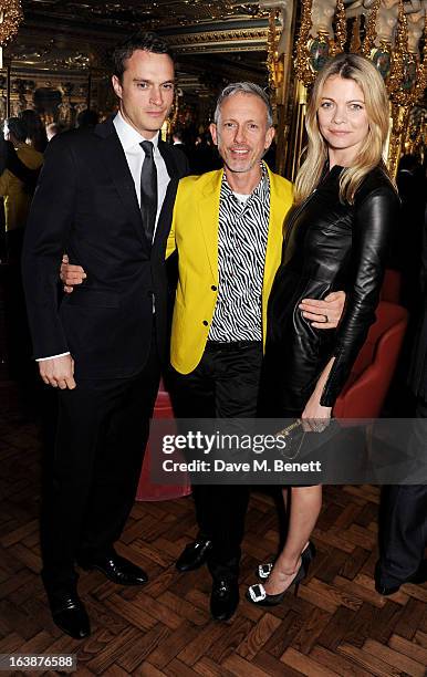 Arthur Wellesley, Patrick Cox and Jemma Kidd attend a drinks reception celebrating Patrick Cox's 50th Birthday party at Cafe Royal on March 15, 2013...