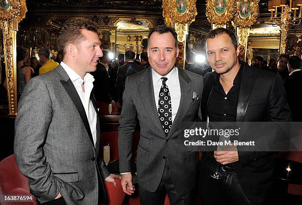 Nick Candy, David Furnish and Gerry DeVeaux attend a drinks reception celebrating Patrick Cox's 50th Birthday party at Cafe Royal on March 15, 2013...