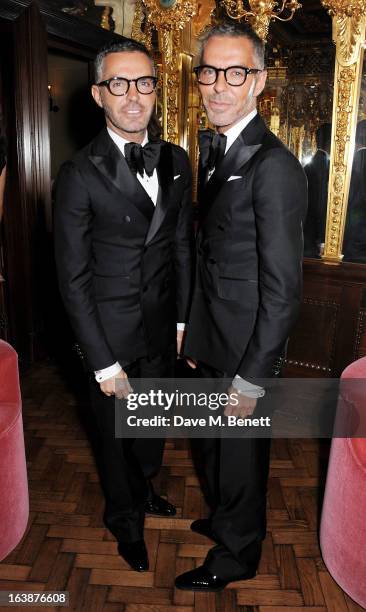 Dean and Dan Caten attend a drinks reception celebrating Patrick Cox's 50th Birthday party at Cafe Royal on March 15, 2013 in London, England.