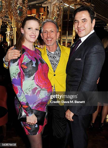 Lara Stone, Patrick Cox and David Walliams attend a drinks reception celebrating Patrick Cox's 50th Birthday party at Cafe Royal on March 15, 2013 in...