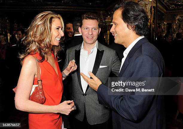 Tara Bernerd, Nick Candy and Arun Nayar attend a drinks reception celebrating Patrick Cox's 50th Birthday party at Cafe Royal on March 15, 2013 in...