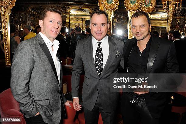 Nick Candy, David Furnish and Gerry DeVeaux attend a drinks reception celebrating Patrick Cox's 50th Birthday party at Cafe Royal on March 15, 2013...