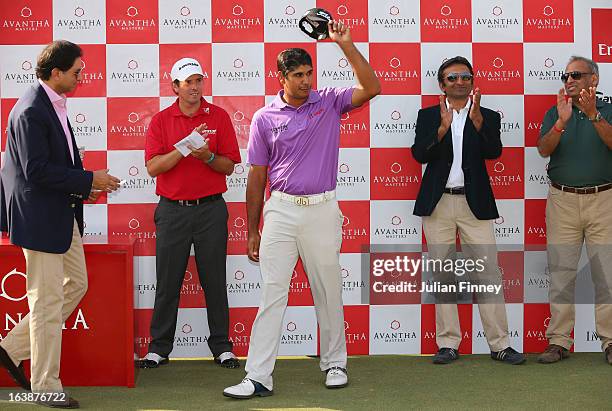 Gaganjeet Bhullar of India thanks the support after he came second to Thomas Aiken of South Africa during day four of the Avantha Masters at Jaypee...