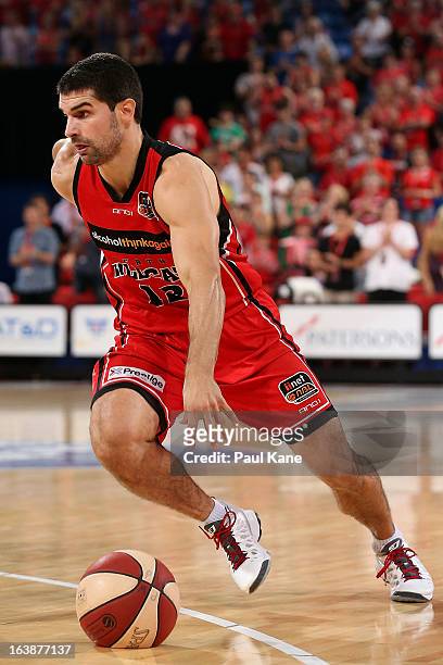 Kevin Lisch of the Wildcats drives towards the key during the round 23 NBL match between the Perth Wildcats and the Cairns Taipans at Perth Arena on...