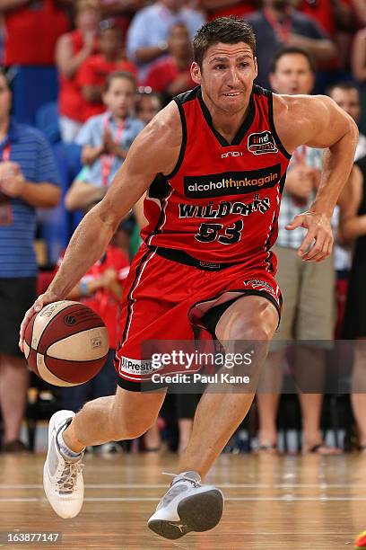 Damian Martin of the Wildcats drives to the key during the round 23 NBL match between the Perth Wildcats and the Cairns Taipans at Perth Arena on...