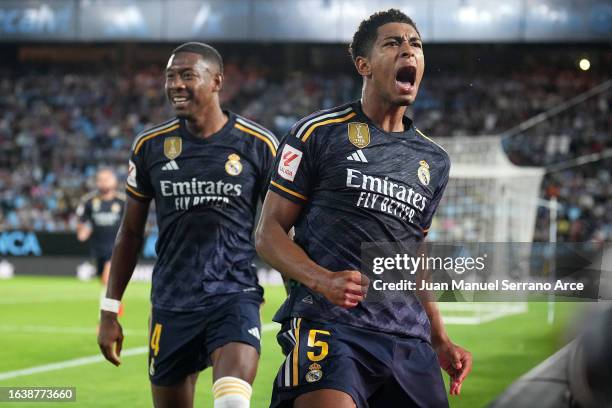 Jude Bellingham of Real Madrid celebrates after scoring the team's first goal during the LaLiga EA Sports match between Celta Vigo and Real Madrid CF...