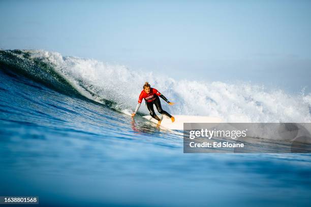 Longboard Champion Soleil Errico of the United States surfs in Heat 2 of the Quarterfinals at the Bioglan Bells Beach Longboard Classic on September...