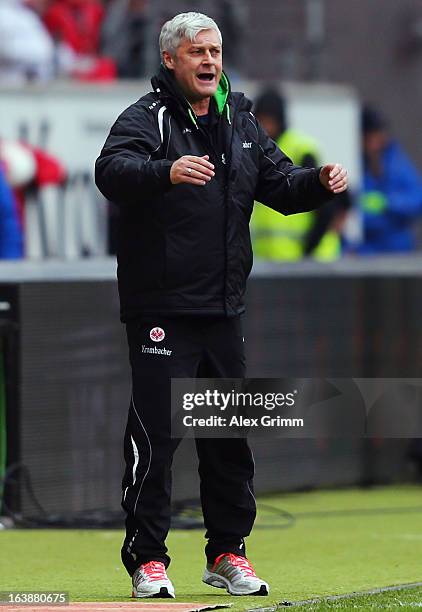 Head coach Armin Veh of Frankfurt reacts during the Bundesliga match between Eintracht Frankfurt and VfB Stuttgart at Commerzbank-Arena on March 17,...