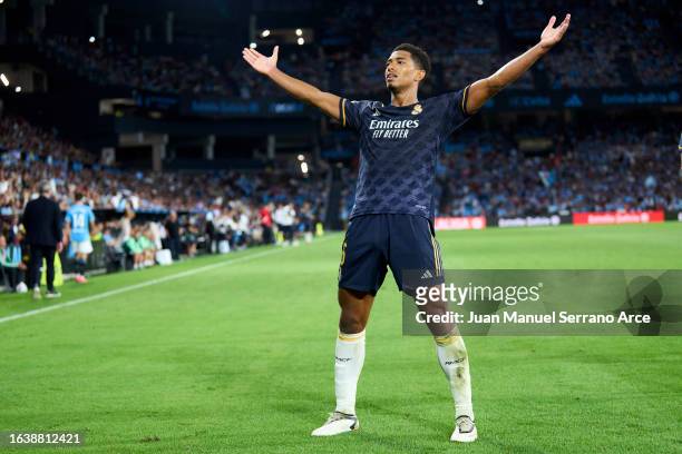 Jude Bellingham of Real Madrid celebrates after scoring the team's first goal during the LaLiga EA Sports match between Celta Vigo and Real Madrid CF...
