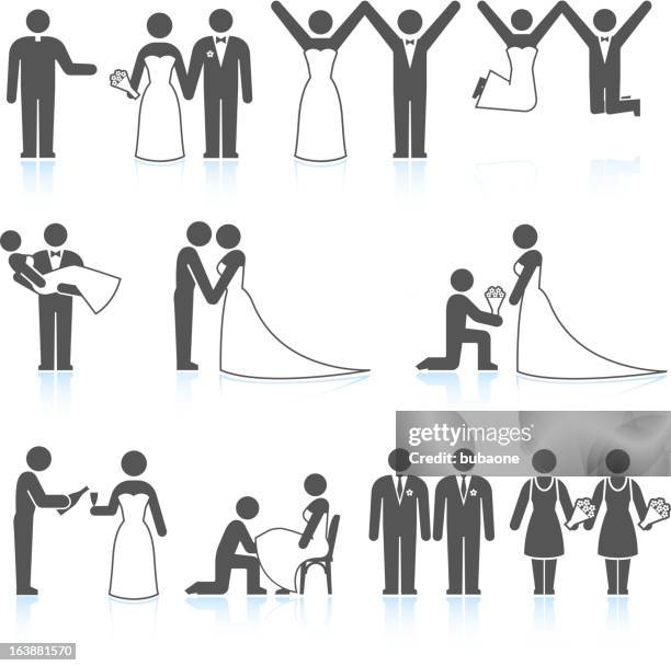 bride and groom wedding day black & white icon set - happy jumping white background stock illustrations