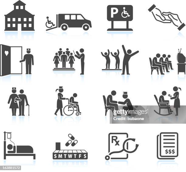 ilustraciones, imágenes clip art, dibujos animados e iconos de stock de residencia de ancianos y de cuidados diurnos para adultos senior conjunto de iconos de cuidado de estar - residencia de ancianos
