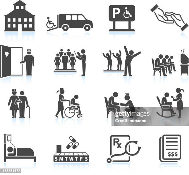 stockillustraties, clipart, cartoons en iconen met nursing home and daycare adult care senior living icon set - exercise pill